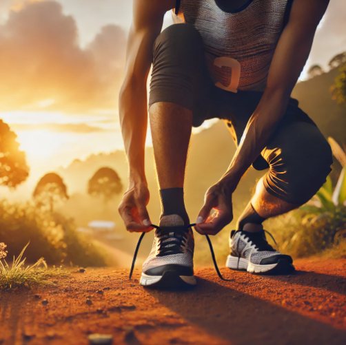 Athlete tying running shoes outdoors during a sunset training session with Feel Good Fitness.