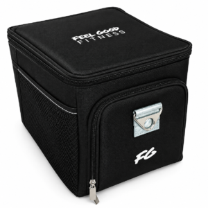 Black branded meal prep cooler bag featuring the Feel Good Fitness logo for healthy nutrition lifestyles.
