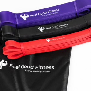Branded resistance exercise bands in purple, black, and red set up by Feel Good Fitness.